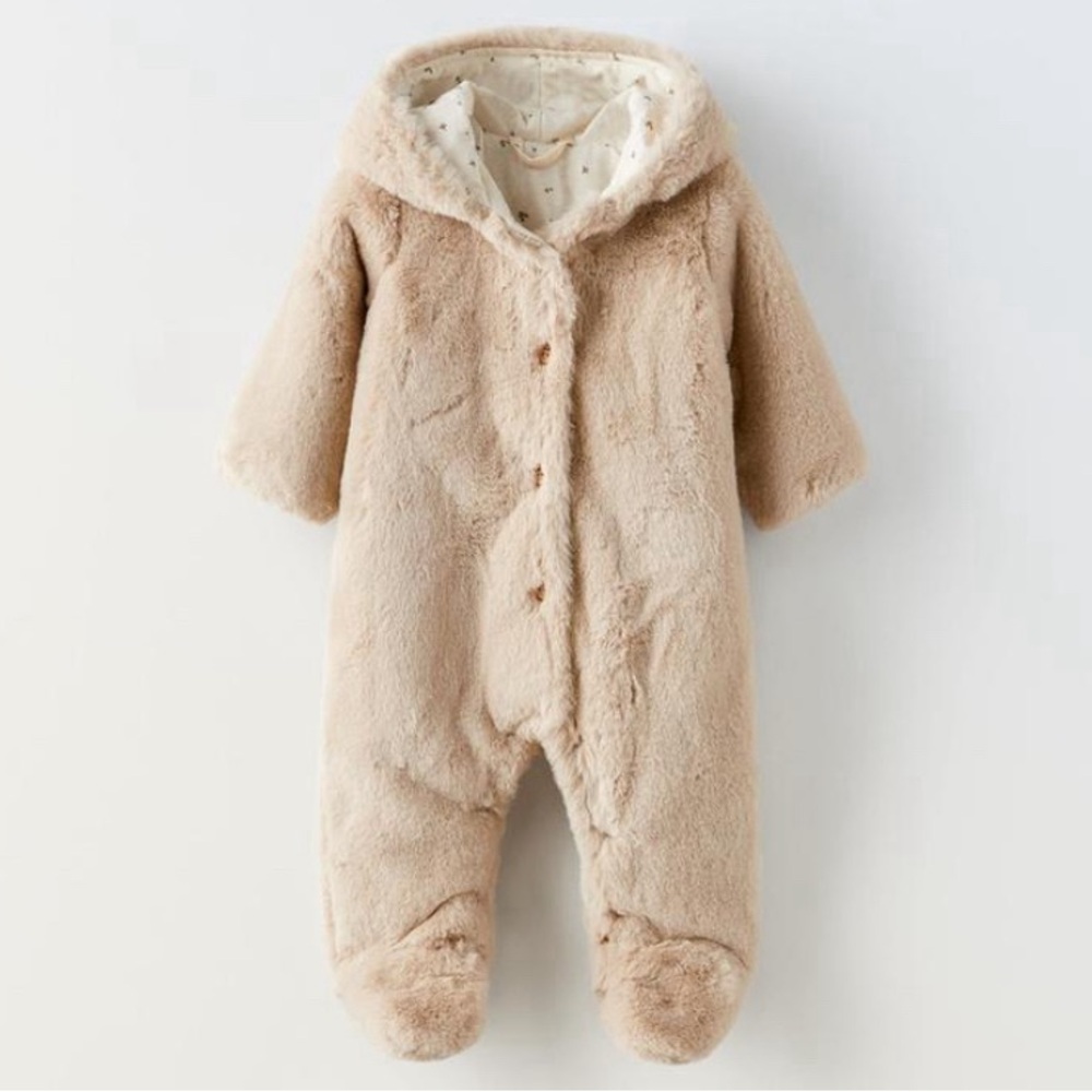 Zara faux fur romper for baby with teddy bear ears hoodie